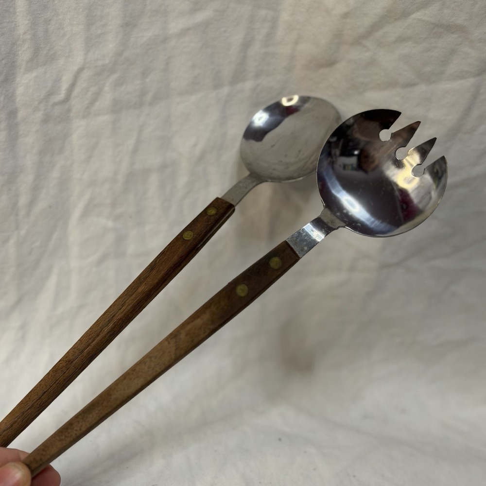 Vintage Stainless MCM Salad Tongs Fork Spoon with Mahogany Handles Made in Japan